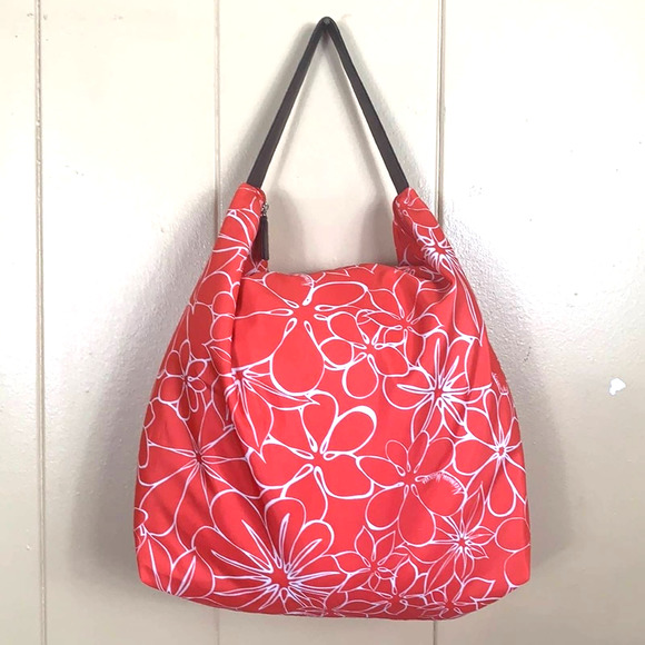 NEIMAN MARCUS 19x16.5 PINK WHITE FLORAL TROPICAL ZIPPER HOBO SHOULDER TOTE BAG - Picture 2 of 9